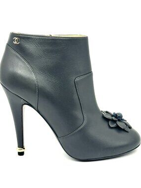 CHANEL 15A Leather Camellia Flower Ankle Booties Boots Heels Shoes